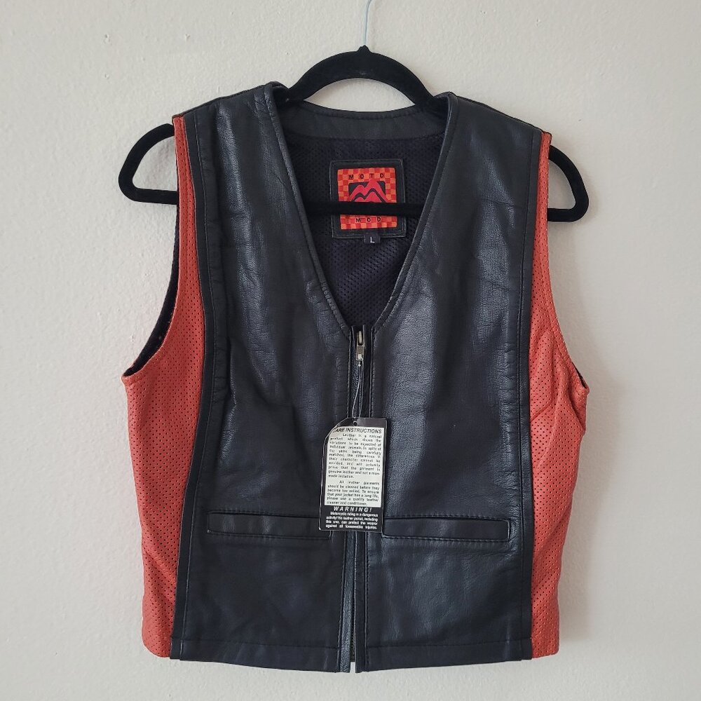 Vintage Moto Mod Leather Vest Zip Perforated Red Black Motorcycle NEW Size L
